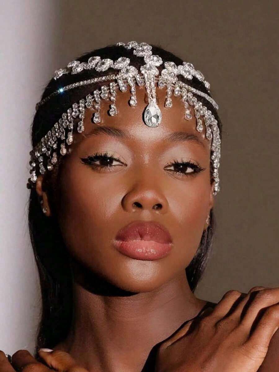 Rhinestone Tassel Forehead Pendant Headpiece, Fashionable European And American Style Stage Performance Hair Accessory, Hair Chain, Bride To Be, Party, Hair Accessories For Women - Gold - 查看 1