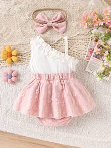 1pc Baby Girl Cute Sweet Asymmetric Neck White Camisole Top Paired With Pink Skirt, Spring/Summer - Pink - View 2