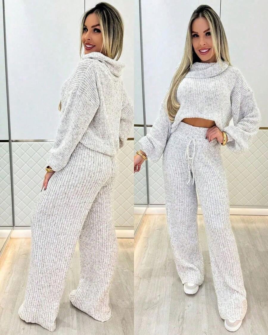 Women's Elegant High Neck Knit Set For Winter, Stylish And Warm. - 白色 - 查看 1