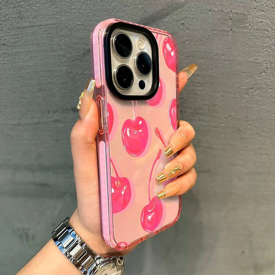 Cherry Phone Case, Pop Art Style, For Compatible With IPhone 17/17pro/17promax/17Air/Iphone16/16pro/16plus/16promax/15/15promax/15pro/11/12/13/14promax/12mini/13mini/11pro/11promax/12pro/12promax/13pro/13promax/14pro/14promax, Summer Fruit Treat Gift, Vibrant Sweet Icon Present - Màu Hồng baby - Xem 1