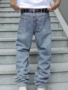 Men's Ripped Jeans Relaxed Fit Straight Leg Distressed Vintage Denim Pants Y2K Hip Hop Skater Streetwear Casual Trousers - 淺色水洗藍 - 查看 7