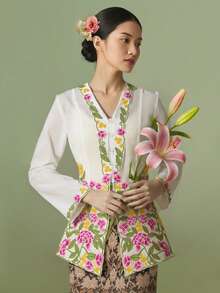 Nyonya Kebaya，女士 Kebaya，传统土生华人服装，优雅土生华人连衣裙，时尚刺绣长袖衬衫夹克，白色衬衫，开斋节衣服，开斋节 - 白色 - 查看 1