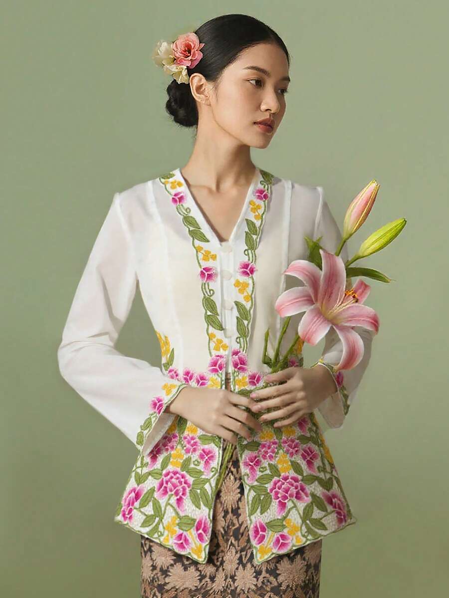 Nyonya Kebaya，女士 Kebaya，传统土生华人服装，优雅土生华人连衣裙，时尚刺绣长袖衬衫夹克，白色衬衫，开斋节衣服，开斋节 - 白色 - 查看 1
