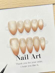 Conjunto de 10 adesivos de unhas acrílicas artesanais em formato de amêndoa, comprimento curto/médio, degradê simples em dourado/laranja, nail art olho de gato dourado brilhante, adesivos de unhas minimalistas e elegantes para o outono, ideais para festas, uso diário, encontros, praia, férias tropicais, unhas DIY, ótimo presente para mulheres e meninas, suprimentos para nail art. - Laranja - Ver 2