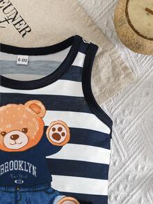 2 sztuki/zestaw ubranek dla chłopców z nadrukiem uroczego misia, w zestawie bezrękawnik w paski i spodenki z kreskówkową grafiką, swobodny letni styl sportowy/plażowy - Wielokolorowe - Zobacz 4