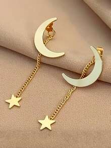 1 Pair Minimalist Moon & Star Stud Earrings, Front & Back Wear Design Earrings - Multicolor - View 2