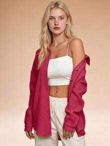 Women's Loose-Fit Crinkled Button-Down Shirt - White & Multi-Color, Long Sleeve, Collared, Casual Spring & Fall Top, Ladies Outdoor Shirt, Minimalist Stylish Daily Wear, All-Age Home & Leisure Blouse - 紅色 - 查看 2