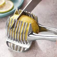 1pc Stainless Steel Tomato Lemon Slicer Stand, Round Fruit Onion Julienne Cutter Guide Clip With Handle, Kitchen Potato Lime Vegetable Slicer Rack - Multicolor - View 2