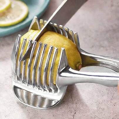 1pc Stainless Steel Tomato Lemon Slicer Stand, Round Fruit Onion Julienne Cutter Guide Clip With Handle, Kitchen Potato Lime Vegetable Slicer Rack