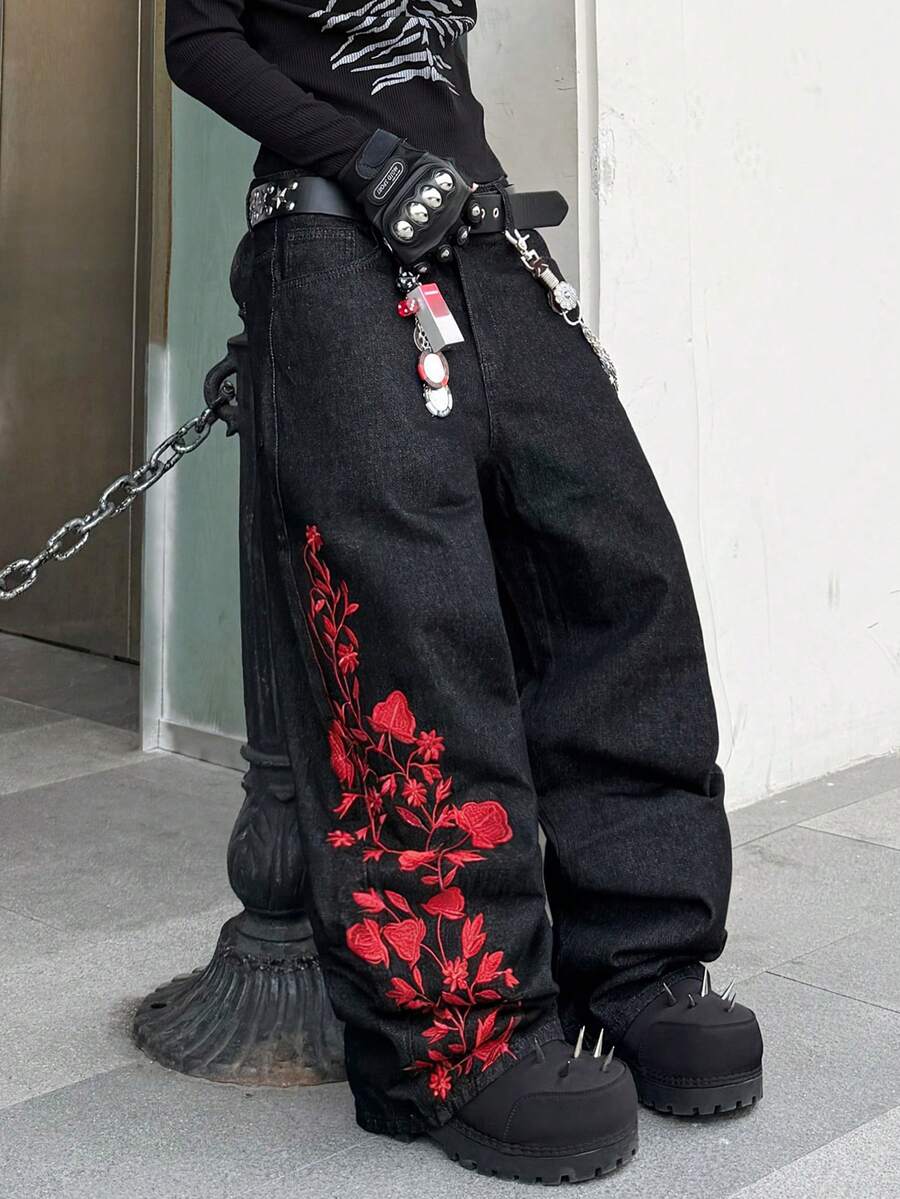 1 pieza Jeans de pierna ancha con bordado de estilo callejero de moda para hombres, suelto y cómodo, versátil para todas las estaciones (No se incluye cinturón ni accesorios) - Negro - Ver 1