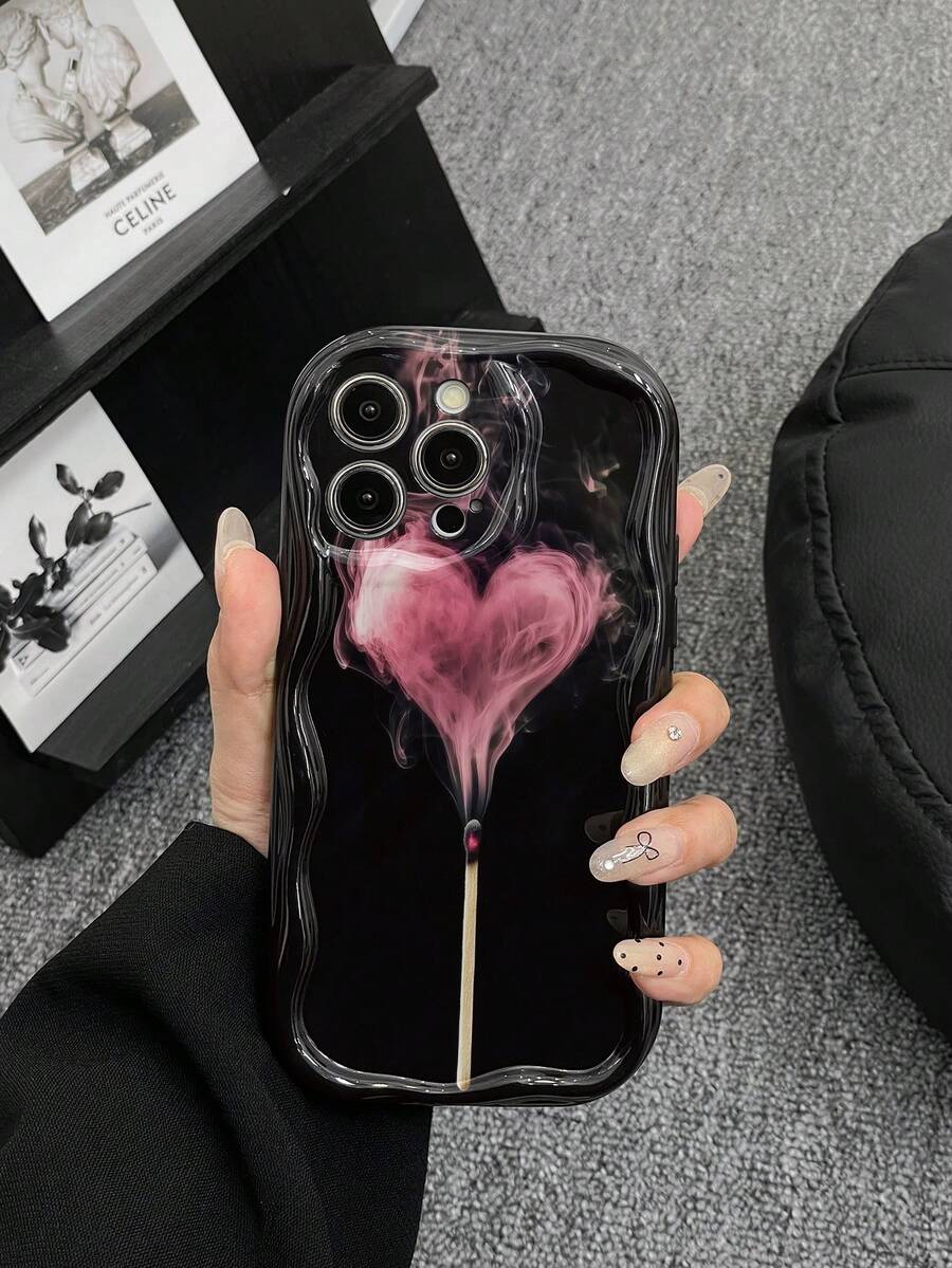Romantic Abstract Heart Smoke Pattern Phone Case, Suitable For IPhone 17 16 15 14 13 12 11 Pro Max Plus, Birthday/Valentine's Day/Couples Gift Choice - Black - View 1