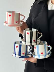 1pc Classic Striped Heart Ceramic Coffee Cup & Saucer Set, Cute Korean Ins Style Mug, Paired With Classic Striped Heart Coaster, Adorable, Creative, Personalized Breakfast Cup, Tea Cup, Coffee Cup - Perfect Birthday And Holiday Gift, Suitable For Home Use, Great Gift For Him, Fun Cup. - Multicolor - View 13