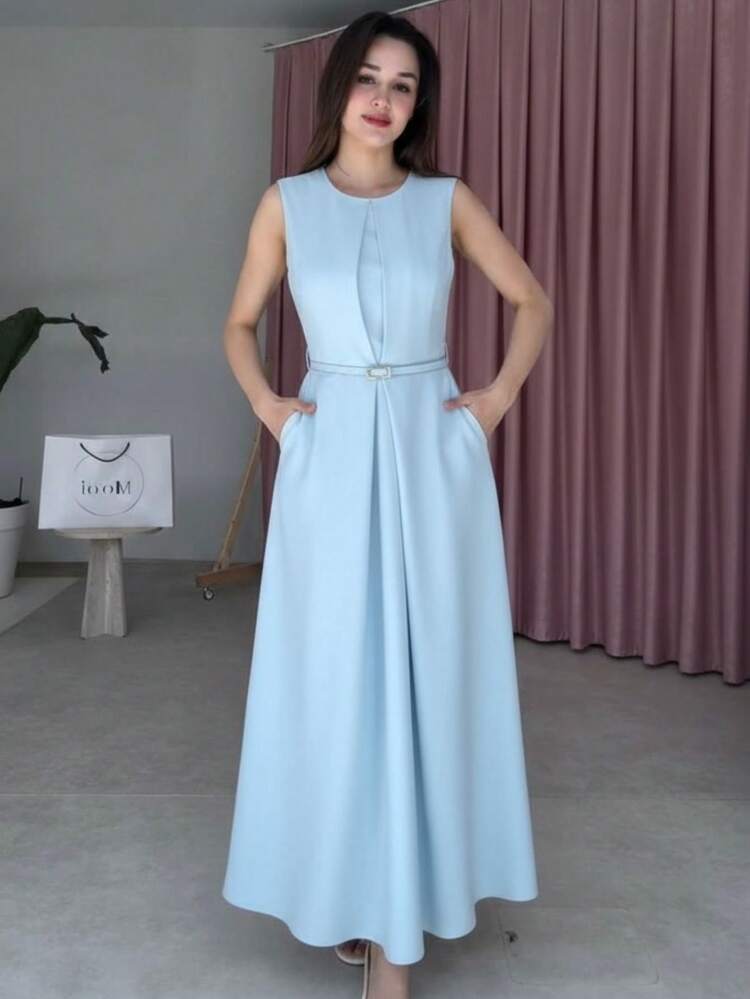 Elegant Women's Formal Casual Dress With Pockets And Belt - Baby Blue - View 5