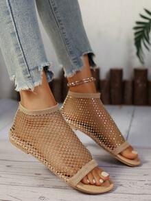 2025 Round Toe Flat Hollow Peep Toe Open Toe Rhinestone Sandals, Women Plus Size Casual Fishnet Breathable Slip-On Elastic Band Rhinestone Slouchy Shoes, In Stock - Gold - View 5