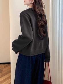 Women's Casual Minimalist Korean Style Contrast Color Button Design Round Neck Sweater Cardigan, Autumn/Winter - Dark Grey - View 3