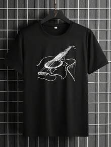 Graphic Tees Women Manfinity Homme Men Musical Instrument Graphic Short Sleeve Casual Tee, For Going Out Men's Summer Casual 180g Pure Cotton T-Shirt Patterned Printed Short Sleeved Top T-Shirt - 黑色 - 查看 8