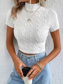 Women's White Cable Knit Cropped Top, Turtleneck Short Sleeve Ribbed Knit Sweater, Fashionable High Elasticity Autumn Top Summer - White - View 4