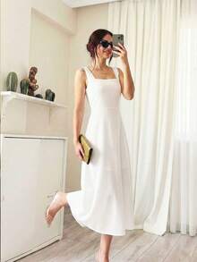 女士纯色休闲方领优雅可爱无袖中长连衣裙 白色 - 白色 - 查看 3