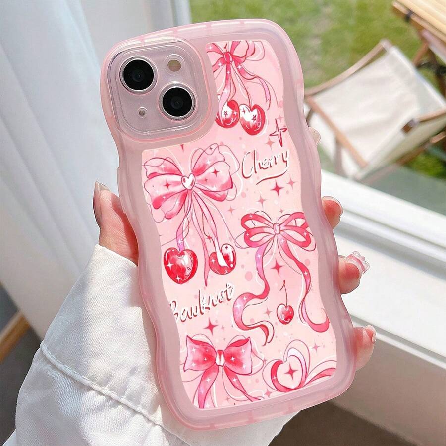 1pc Fashionable Transparent Wavy Irregular Protective Phone Case, Cherry Blossom Bow Design, Ideal Daily Choice For Women, Compatible With IPhone 17 Air/17 Pro/17 Pro Max/17/16e/16/15/14/13/12/11/X/XR/8/7 And Galaxy A14/A15/A54/S24/S24 Ultra Series - Pink - View 1