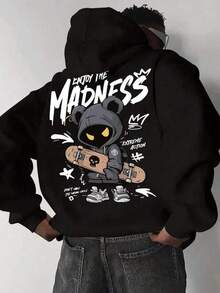 Men's Casual Fashion Street Extreme Sports Cartoon Print Kangaroo Pocket Drawstring Loose Hoodie Sweatshirt, AutumnWinter - Black - View 1