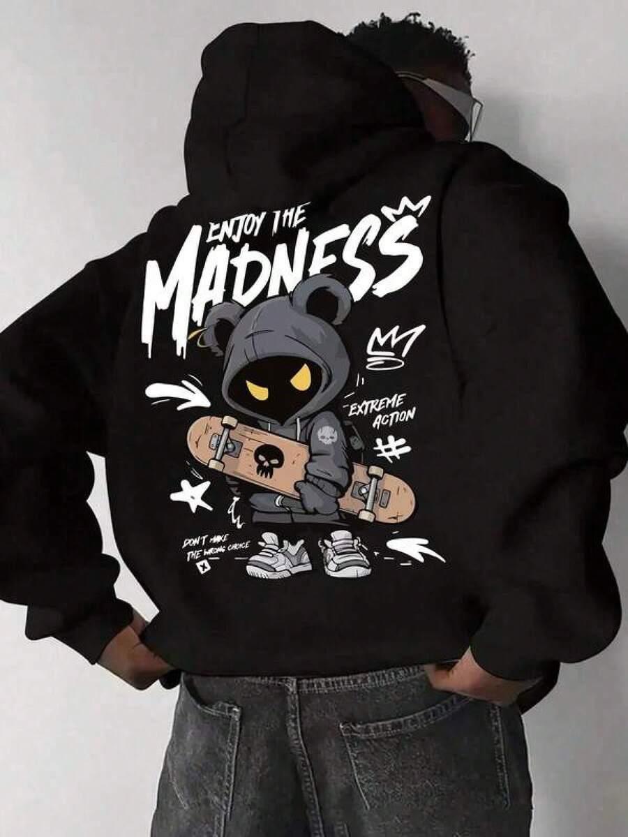 Men's Casual Fashion Street Extreme Sports Cartoon Print Kangaroo Pocket Drawstring Loose Hoodie Sweatshirt, AutumnWinter - Black - View 1