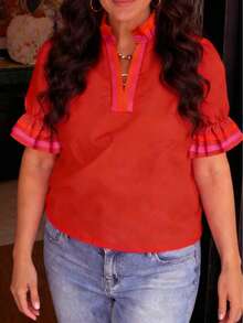 1 Women' Lightweight Ruffle & Puffy Flounce Short Sleeve Blouse With Elastic Cuffs - Contrasting Color Placket, Ribbed Cuffs,Solid Color Spring Summer Casual Shirt, Suitable For Spring Summer - Red - View 2