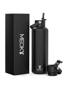 24盎司保温水瓶，双吸管盖，24小时保冷，防漏，不锈钢真空保温咖啡杯，旅行杯，双层不锈钢运动水瓶，适合户外、健身房、旅行和上学使用 - 黑色 - 查看 11