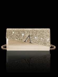 闪亮奢华女士亮片手拿晚宴包，V形金属翻盖包，信封包时尚派对包，女士舞会手提包，女士新娘晚宴包，舞会手提包，闪耀奢华钻石首饰套装，闪亮项链、耳环和手链套装，适合搭配闪亮晚礼服、婚纱和派对礼服 - 金色 - 查看 2