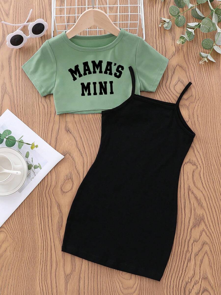 Toddler Letter Print Short Sleeve Top And Cami Dress Set - Green - View 1