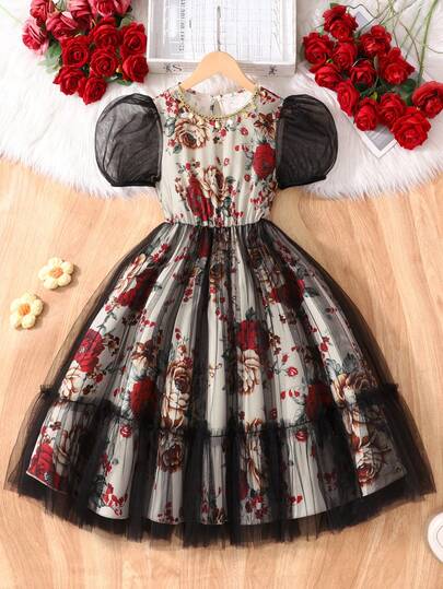 Summer Floral Print Mesh Girls Dress, Elegant & Fashionable