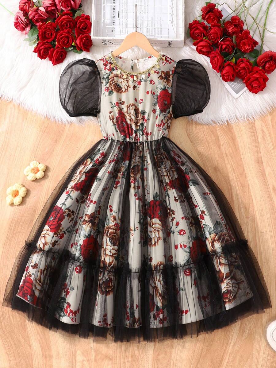 Summer Floral Print Mesh Girls Dress, Elegant & Fashionable - Multicolor - View 1