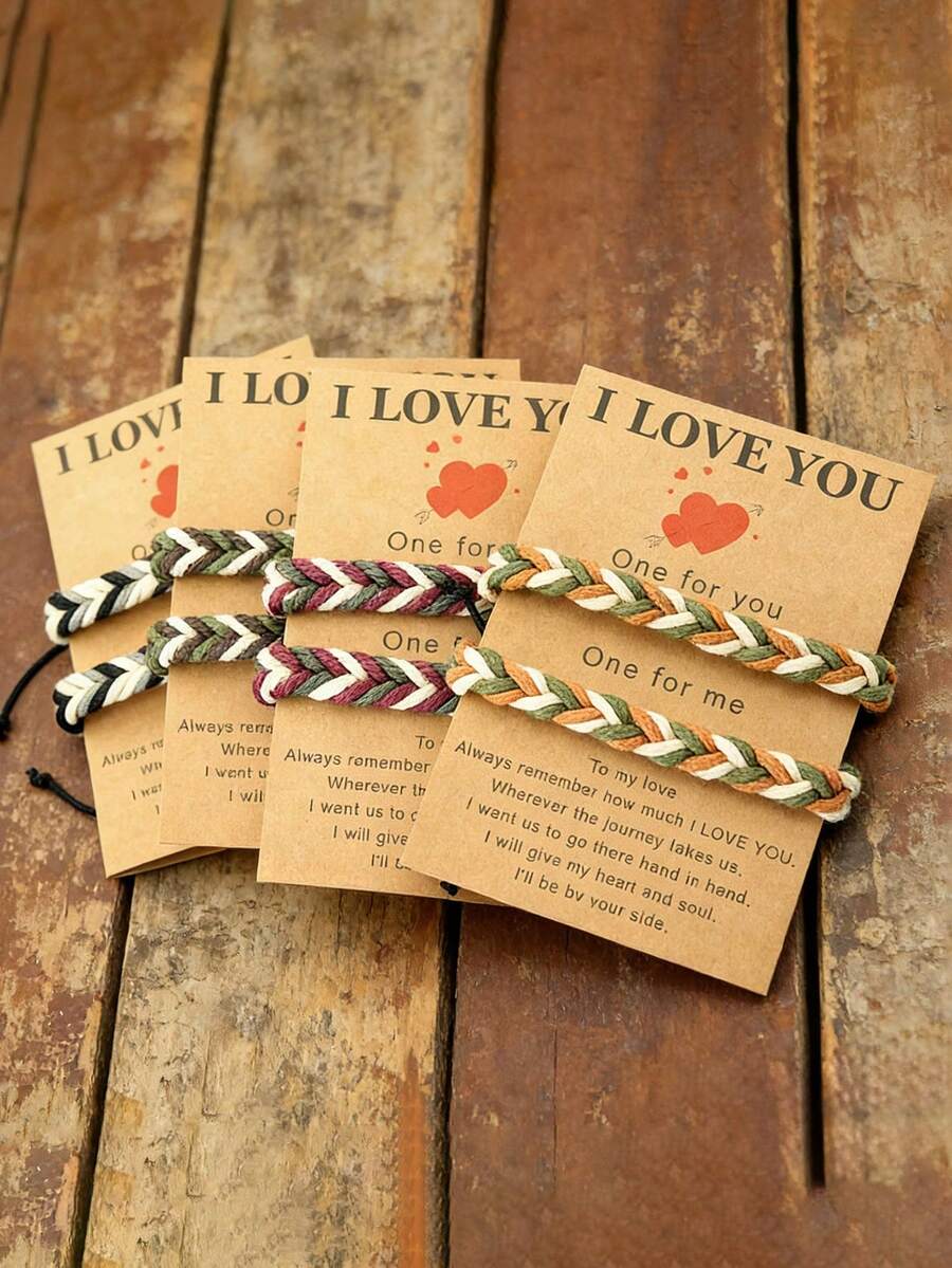 diffone Set de 2 piezas Pulsera de cuerda trenzada a mano estilo antiguo ajustable para hombres y mujeres, pareja, como regalo de joyería para el Día de San Valentín - Marrón - Ver 1