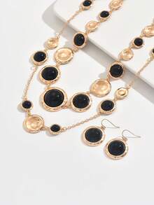 3件套时尚几何不对称圆形金属镶嵌黑色亚克力吊坠项链套装，含链条和流苏耳环，适合日常佩戴和派对场合。 - 金黃色+黑色 - 查看 5