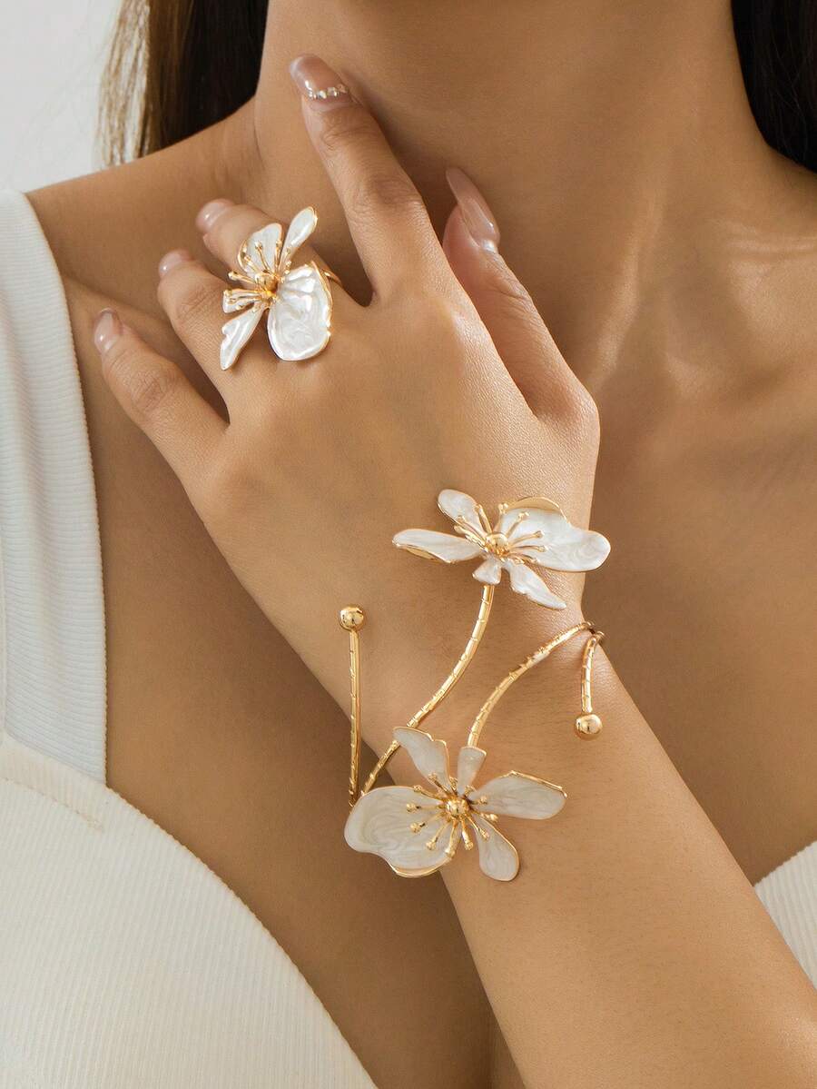 2pcs/Set Women's Floral Bracelet & Ring Set, Elegant Style For Summer Party, Wedding, Holiday, Gift For Friends & Family - Pink - View 1