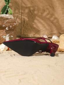 On feet& in love Women's Elegant Satin Backstrap Pointed Toe Metal Chain Buckle High Heel Pumps, Suitable For Dresses And Weddings - Burgundy - View 7