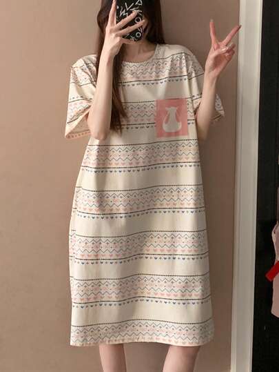 Women's Round Neck Short Sleeve Nightgown, Striped Pixel Print, Korean Style Loungewear, Spring/Summer