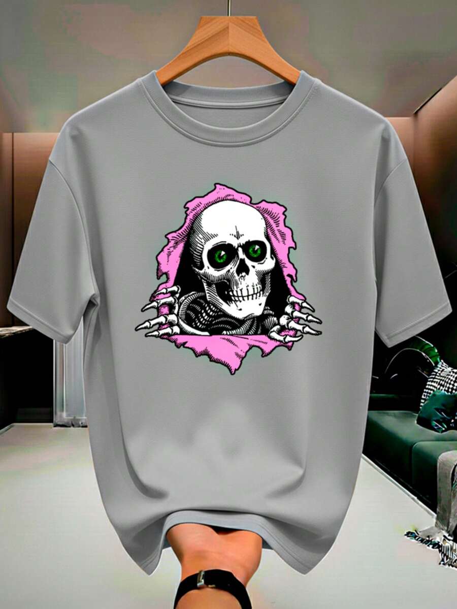Camiseta CAVEIRA ESQUELETO Streetwear 100% Algodão Masculina e Feminina Unissex Camisa Premium - Cinza - Visão 1