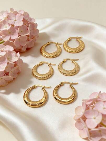 1/3 Pair Stainless Steel Earrings, Women's Earrings, Dangle Earrings, Gold-Plated Hinged Round Earrings, Bamboo Texture, Rhinestone Cut, Hexagon, Square, Round, Butterfly Shaped Design, Low-Allergy Earrings Suitable For Sensitive Ears, Women's Charm Accessories, Middle Eastern Fashion Jewelry, Eid/Ramadan Decorative Jewelry And Accessories, Party And Holiday Gifts