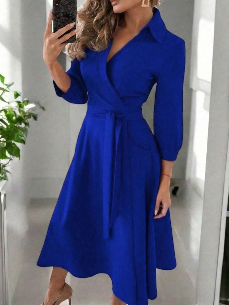 Vestido Largo Mujer Elegante Cruzado Con Cinta Para Ajustar y Detalle En Cuello , Ideal Para Cenas O Fiesta