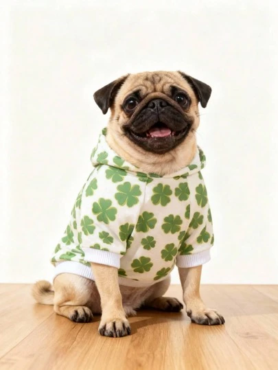 LUCKIE LABO 1pc St. Patrick's Day Clover & Coin Print Casual Fashionable Hoodie, Suitable For Small Dogs And Cats Indoor/Outdoor Wear