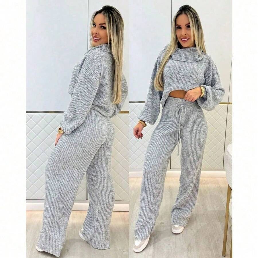 Women's Elegant High Neck Knit Set For Winter, Stylish And Warm. - Grey - View 1