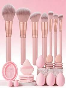 开斋节26件套完整化妆刷套装，包含7支柔软的化妆刷，例如散粉刷、腮红刷、轮廓刷、高光刷、鼻影刷、眼影刷和眉刷，以及4个三角海绵、4个液体美妆蛋、8个指套海绵、2个迷你美妆蛋和1个刷子清洁碗，适合初学者、专业化妆师和新手练习使用。 - 粉色 - 查看 1