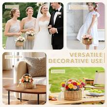 1pc Handwoven Rattan Flower Girl Basket, With Pearl Handle And Bow Decor, Suitable For Baby Shower Flower Girl Use - Apricot - View 9