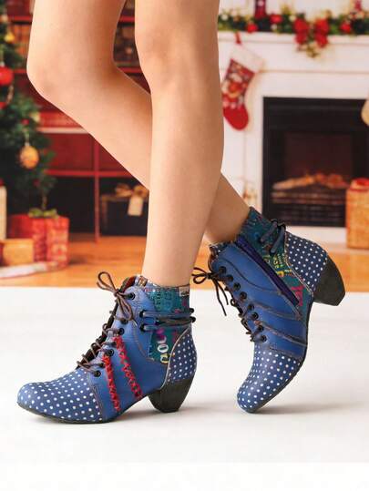 1双 TMA EYES 秋冬时尚优雅波点印花侧拉链女士踝靴，不对称鞋跟，适合约会、购物、通勤、派对、户外活动、节日礼物等多种场合，女士踝靴