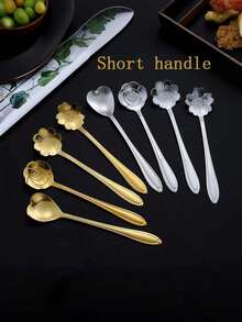 Colher de chá em formato de flor, em aço inoxidável, ideal para sorvete, café e chá. Perfeita para refeições, sobremesas, chá da tarde, sorvetes, café, doces, frutas, iogurte, geleia, temperos, saladas, para uso doméstico, na cozinha e em jantares. Ótima opção para presentes de Dia dos Namorados e decoração de mesas em datas comemorativas. - Prata - Ver 8