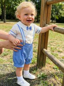 2Pcs Mamas Boy Baby Clothes Summer Outfits Short Sleeve Bowtie Romper And Suspender Shorts Set Mother's Day Valentines Gentleman Outfit - Blue - View 2