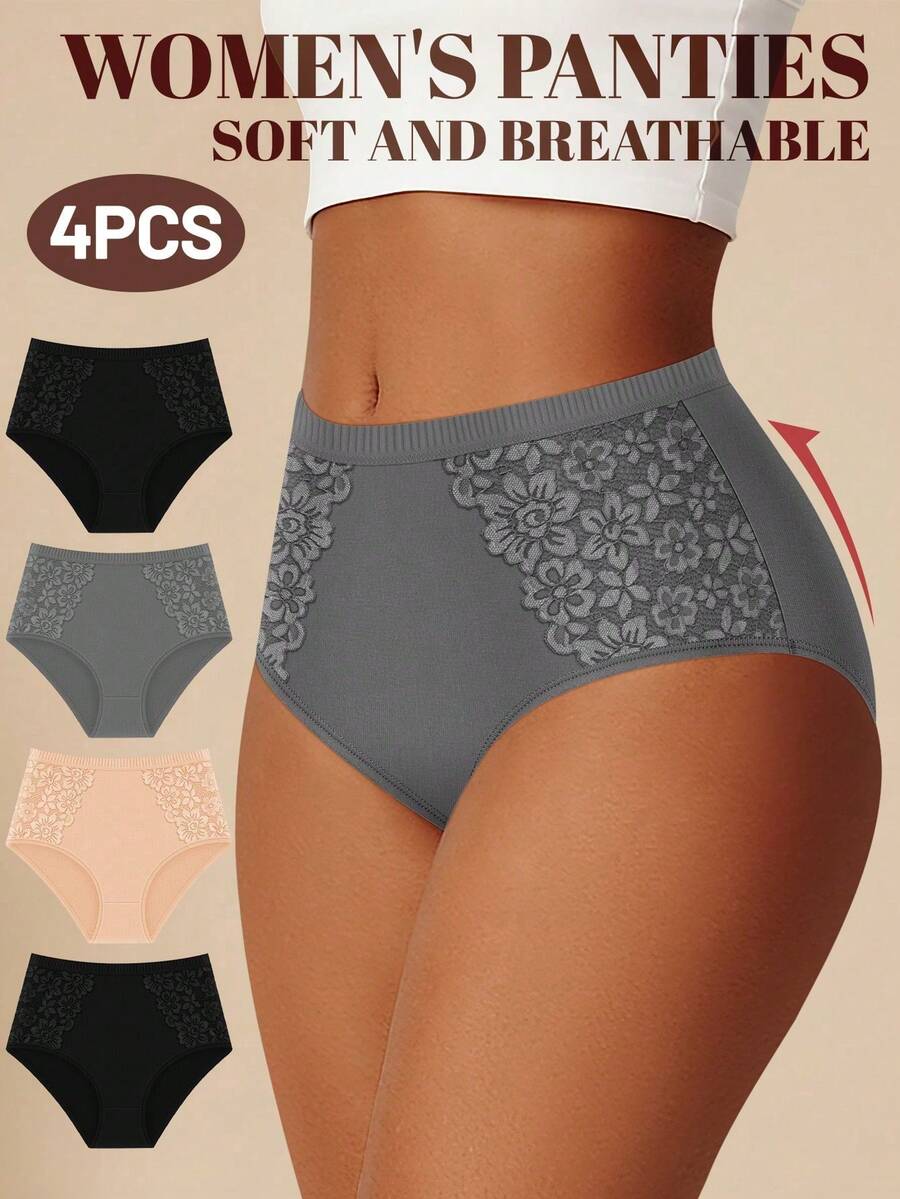 MEIYATING 4条装高腰塑形女士内裤，蕾丝边柔软透气纯棉三角裤
