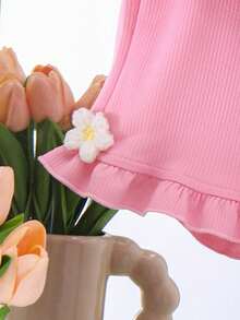 2pcs Baby Girls' Casual Cute 3D Floral Bow Strap Top And Pants Set, Summer - Pink - View 7