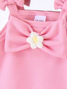 2pcs Baby Girls' Casual Cute 3D Floral Bow Strap Top And Pants Set, Summer - Pink - View 4