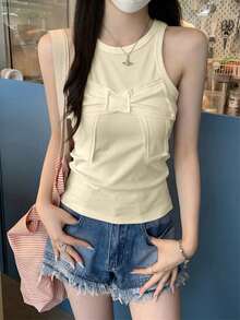 修身蝴蝶结提花青春设计吊带背心休闲 - 杏色 - 查看 5